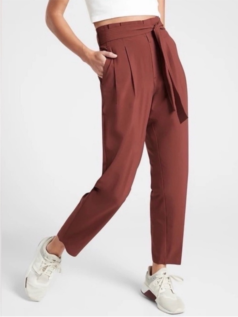Athleta Skyline II Pants Paperbag Waist Belted Ankle Pant Rust Terracotta Size 6